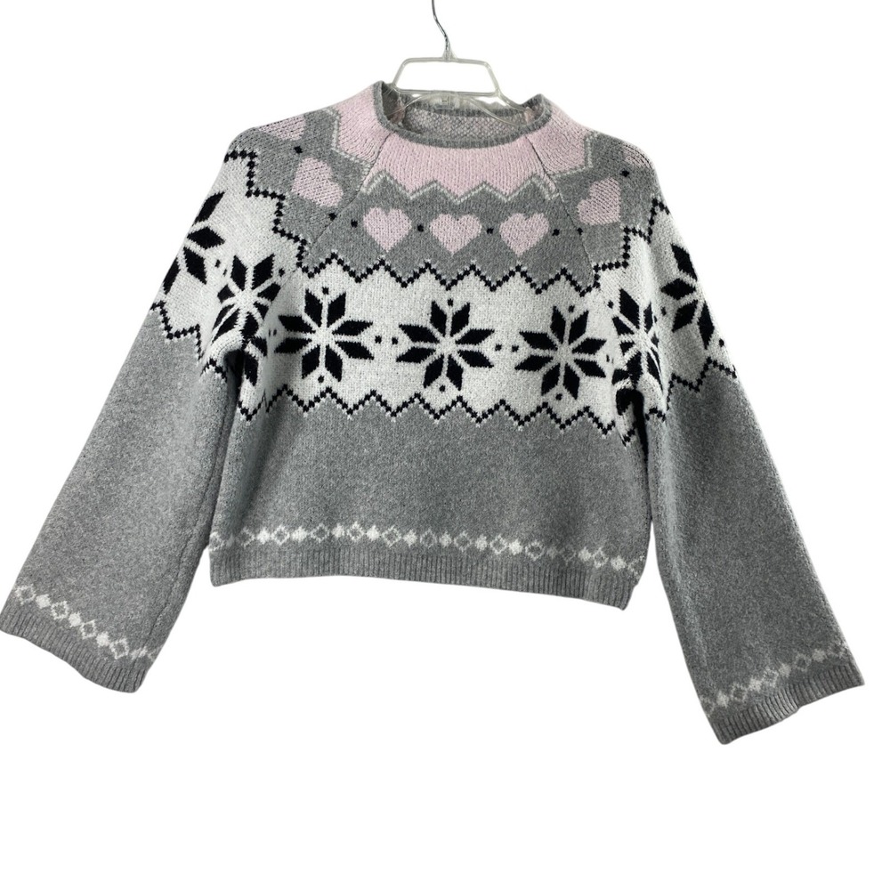 Womens Large Gray Pink Fair Isle Snowflake Mock Neck Sweater Soft Cozy